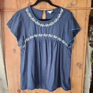 LuLaRoe Blue Blouse with White Embroidery